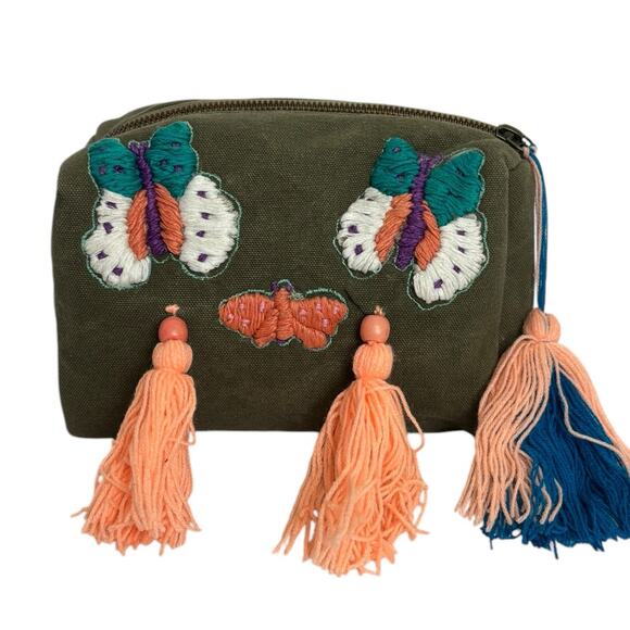 Raj LA Handbags - Raj LA Dark Sage Green Canvas Embroidered Tasseled Butterfly Cosmetic Bag NEW